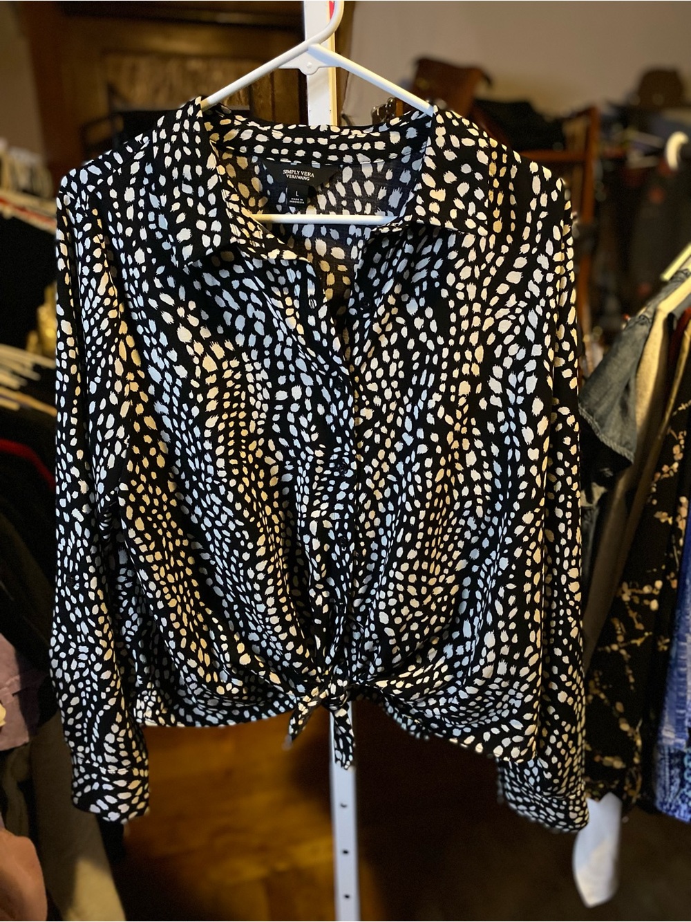Simply Vera Vera Wang Black and White Printed Tie-Front Button Down Blouse